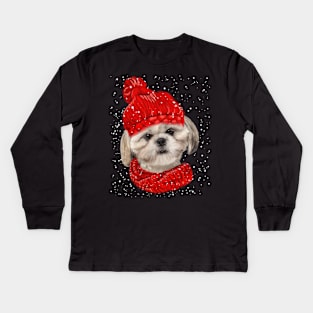 Shih Tzu Wearing Red Hat And Scarf In Snow Christmas Kids Long Sleeve T-Shirt